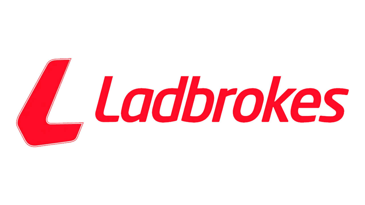 The image shows the Ladbrokes logo, featuring the brand name in red, italicized text alongside an angled red figure resembling a letter L.