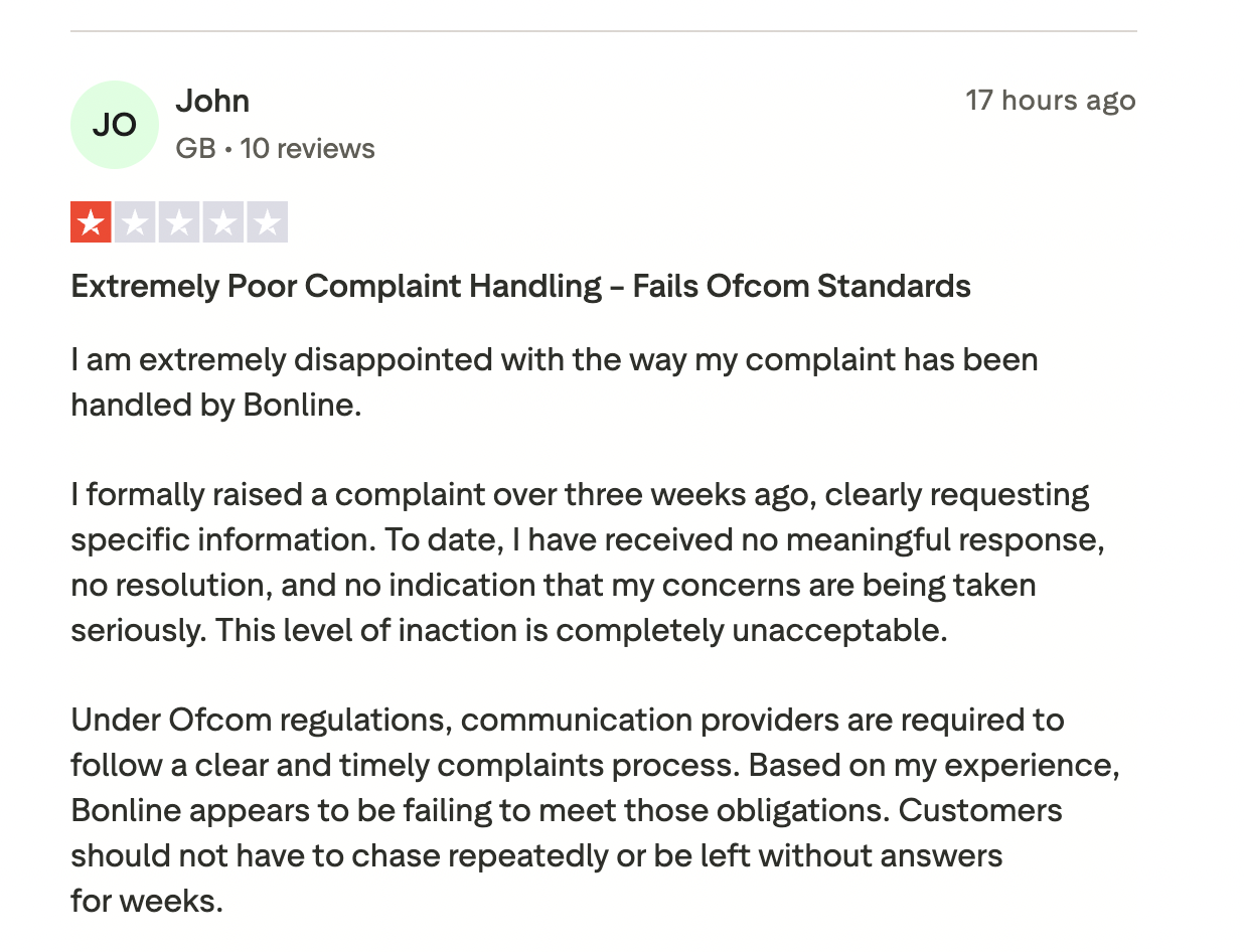 bonline reviews negative review